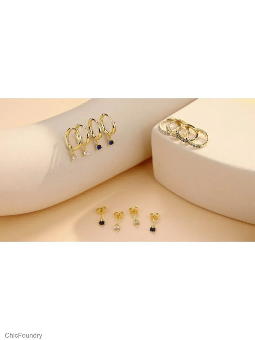 Sterling Silver 14K Gold Plated Huggie Hoop Earring Set - 3 Pairs Blue CZ